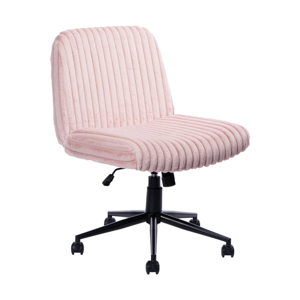 Pink and Black Adjustable Height Faux Fur Swivel Rolling Gaming Chair on a white background