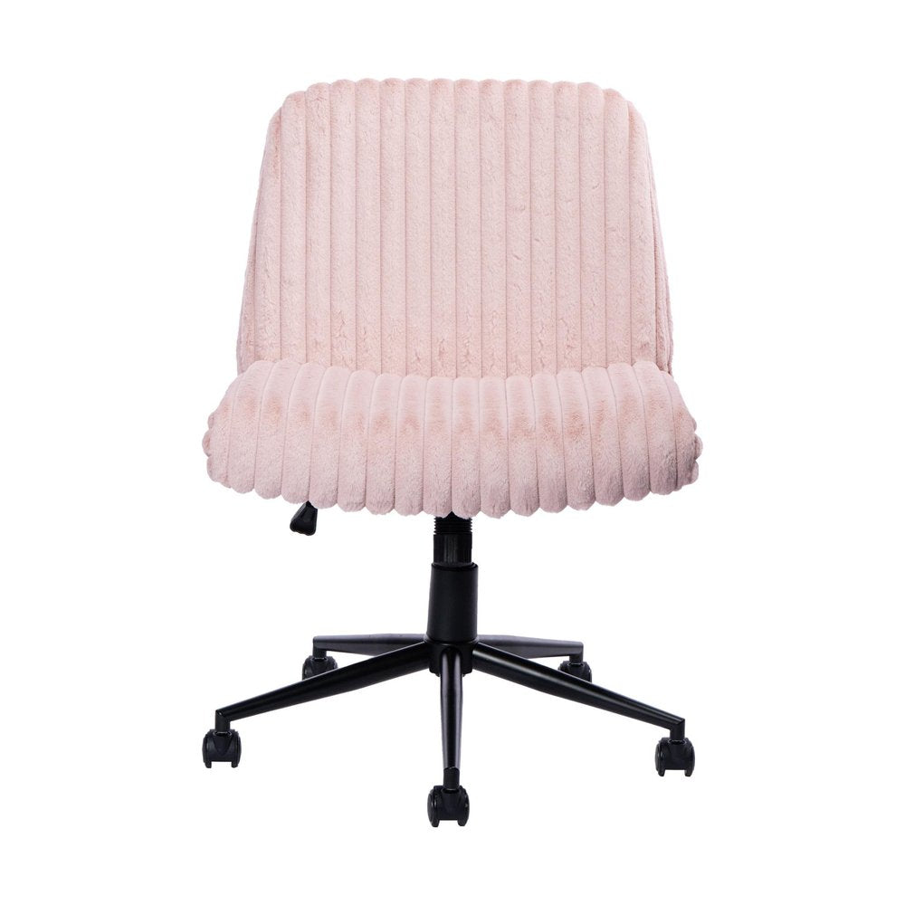 Pink and Black Adjustable Height Faux Fur Swivel Rolling Gaming Chair on a white background