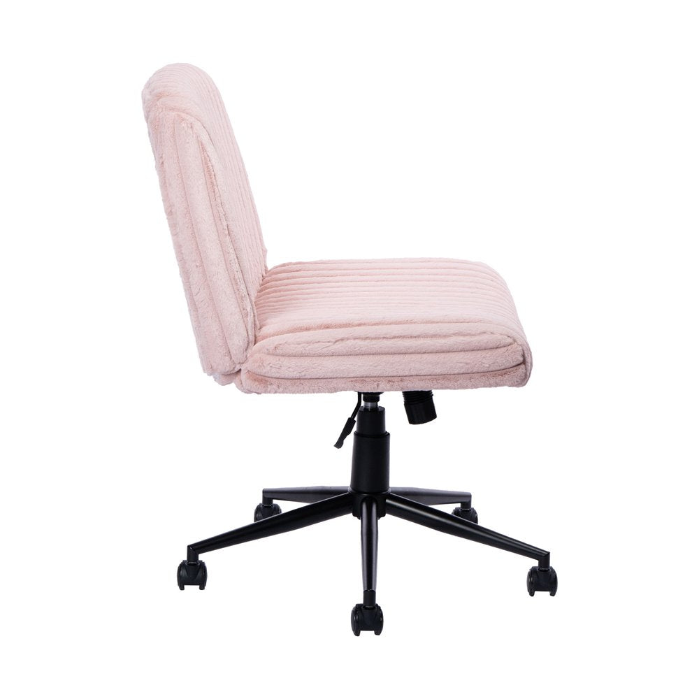 Pink and Black Adjustable Height Faux Fur Swivel Rolling Gaming Chair on a white background