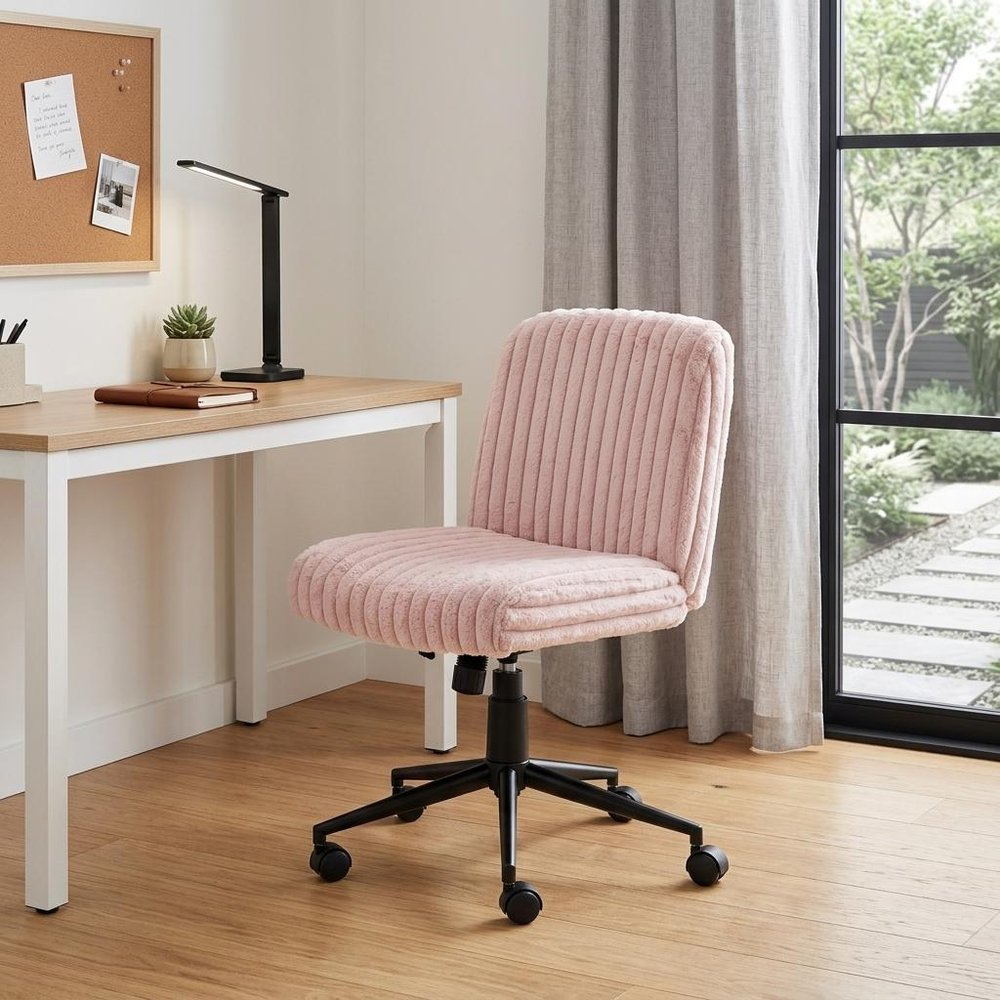 Pink and Black Adjustable Height Faux Fur Swivel Rolling Gaming Chair in a home interior
