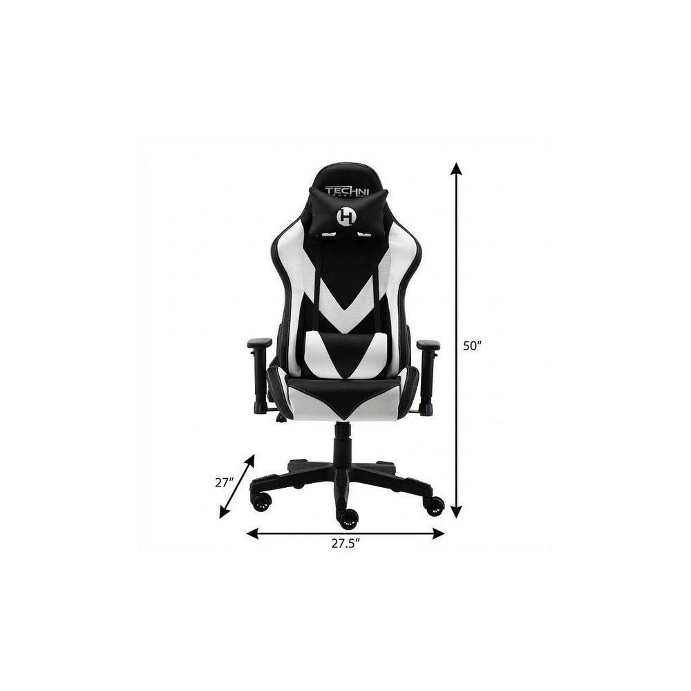 White And Black Adjustable Height Swivel Rolling Gaming Chair on a white background