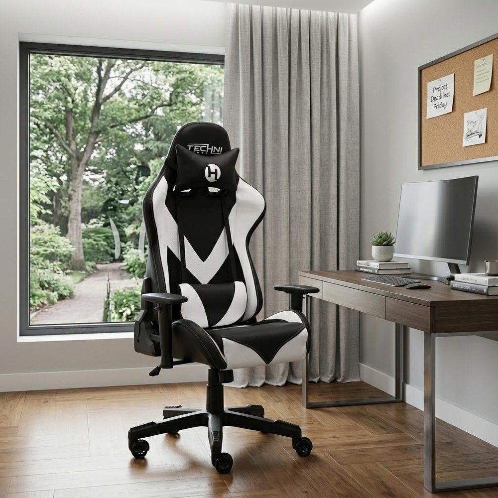 White And Black Adjustable Height Swivel Rolling Gaming Chair in a home interior