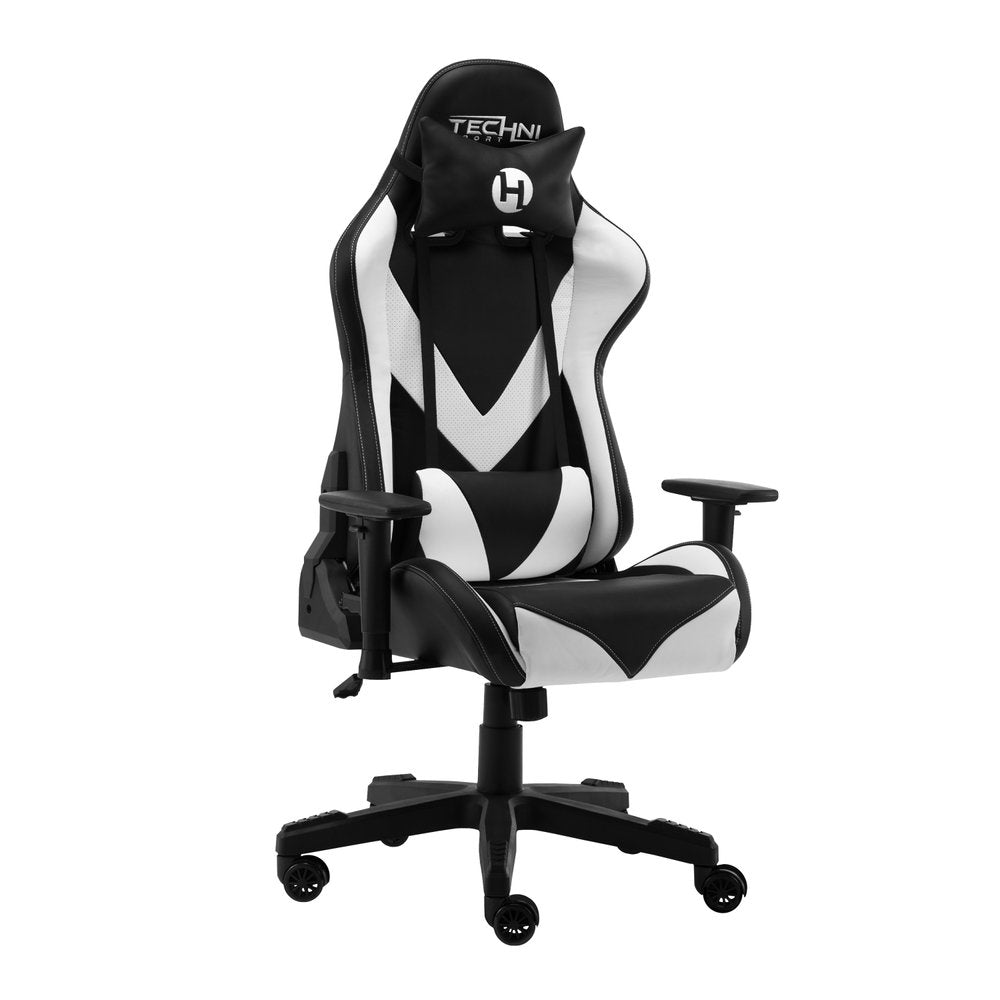 White And Black Adjustable Height Swivel Rolling Gaming Chair on a white background