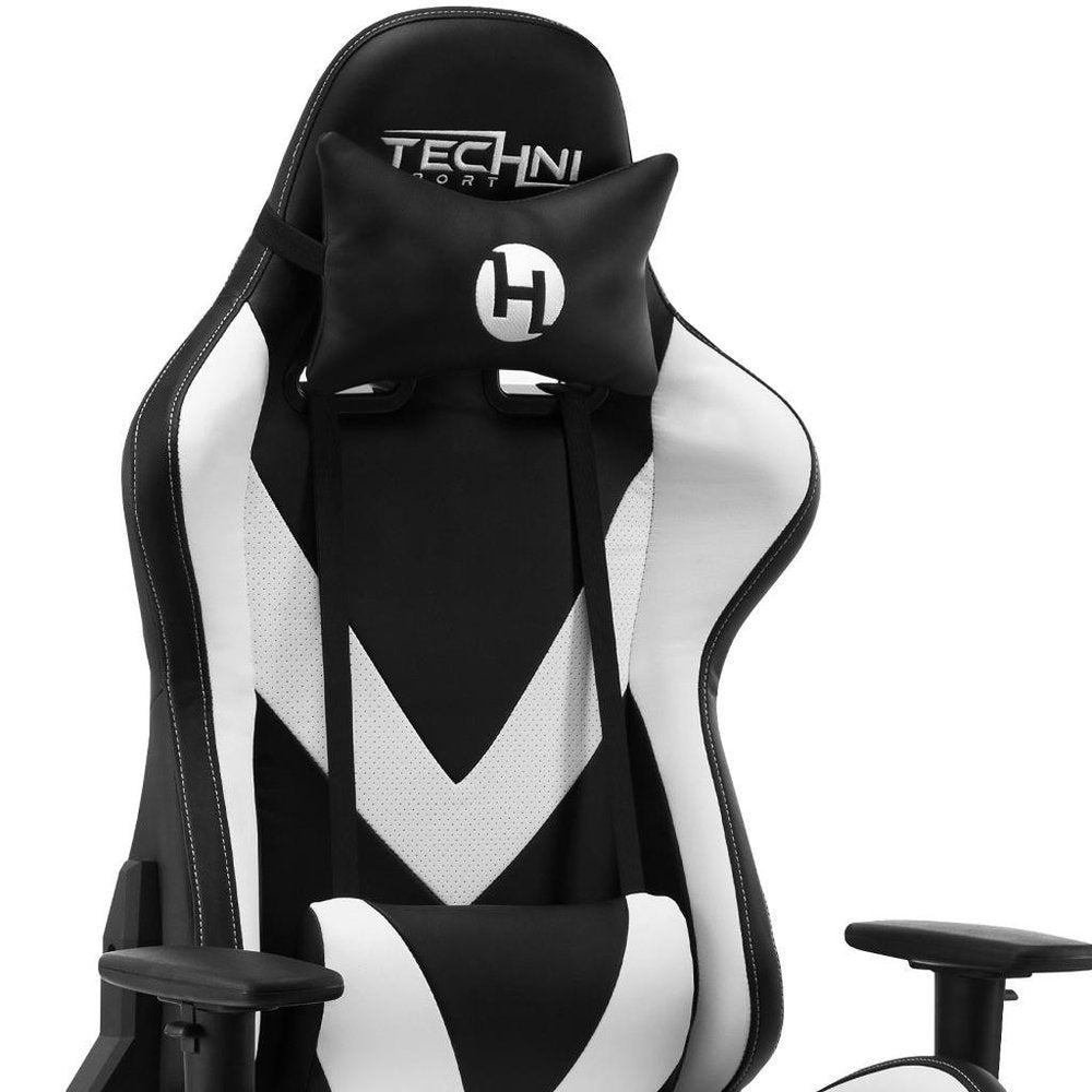White And Black Adjustable Height Swivel Rolling Gaming Chair on a white background