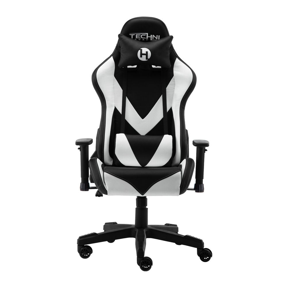 White And Black Adjustable Height Swivel Rolling Gaming Chair on a white background