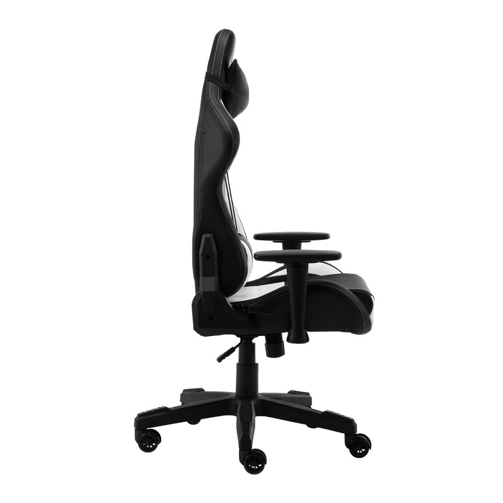 White And Black Adjustable Height Swivel Rolling Gaming Chair on a white background