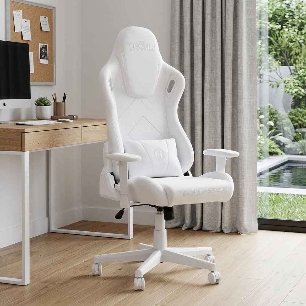 White Adjustable Height Swivel Rolling Gaming Chair in a home interior
