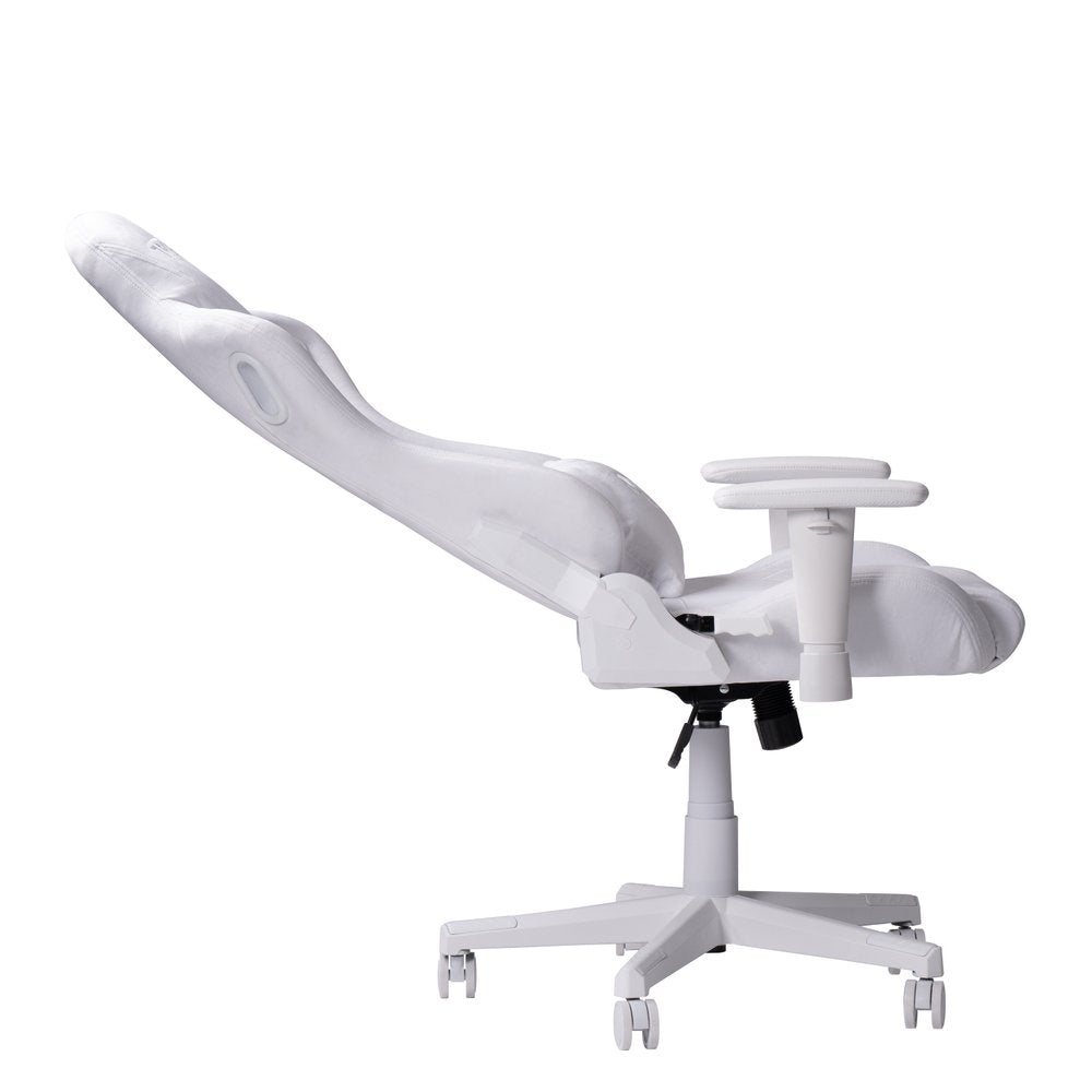 White Adjustable Height Swivel Rolling Gaming Chair on a white background