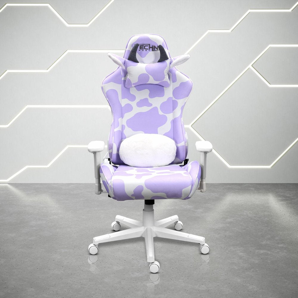 Lavender and White Cow Print Adjustable Height Rolling Gaming Chair