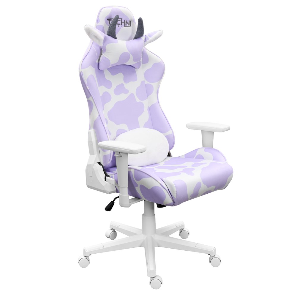 Lavender and White Cow Print Adjustable Height Rolling Gaming Chair