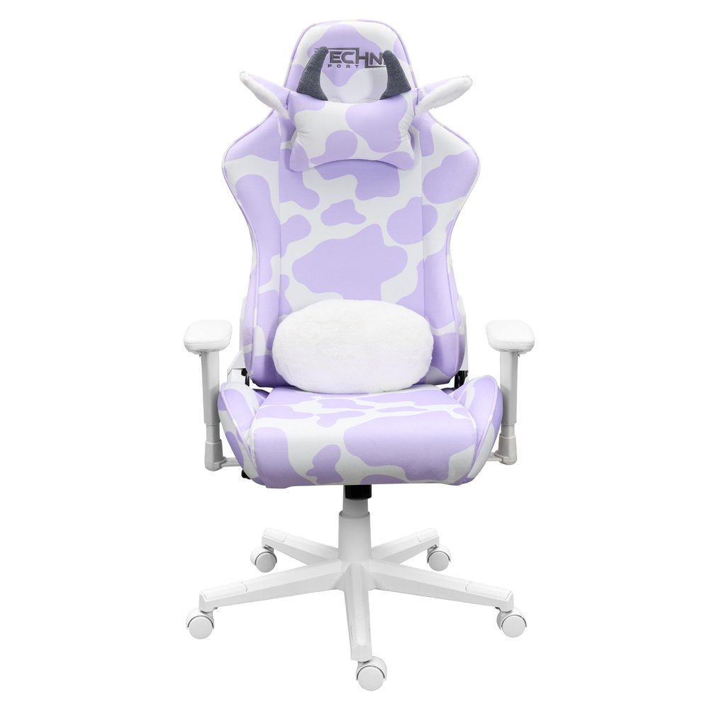 Lavender and White Cow Print Adjustable Height Rolling Gaming Chair