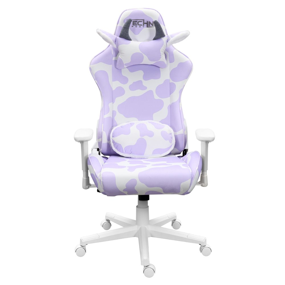 Lavender and White Cow Print Adjustable Height Rolling Gaming Chair on a white background