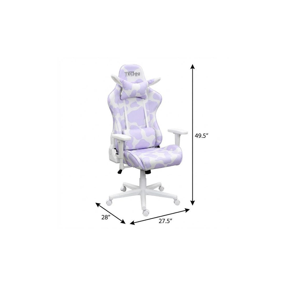 Lavender and White Cow Print Adjustable Height Rolling Gaming Chair on a white background