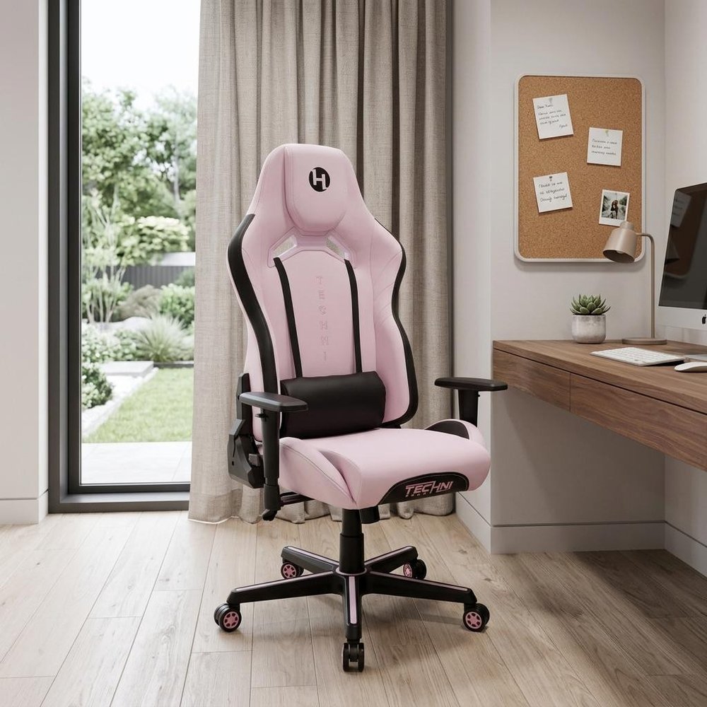Pink And Black Adjustable Height Swivel Rolling Gaming Chair in a home interior