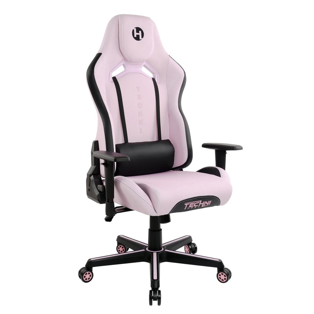 Pink and Black Adjustable Height Swivel Rolling Gaming Chair