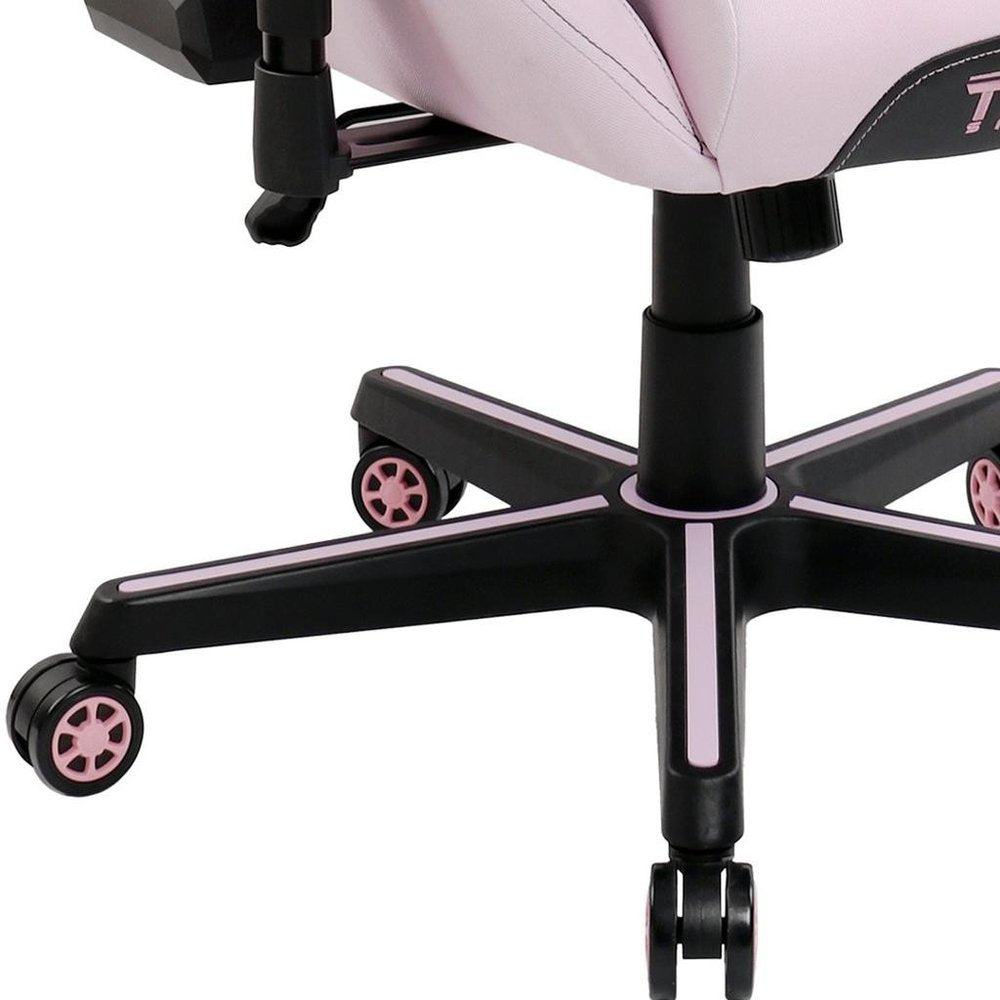 Pink And Black Adjustable Height Swivel Rolling Gaming Chair on a white background