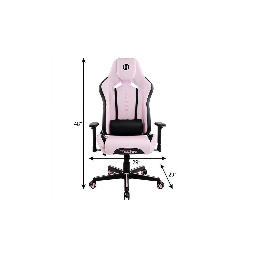 Pink And Black Adjustable Height Swivel Rolling Gaming Chair on a white background