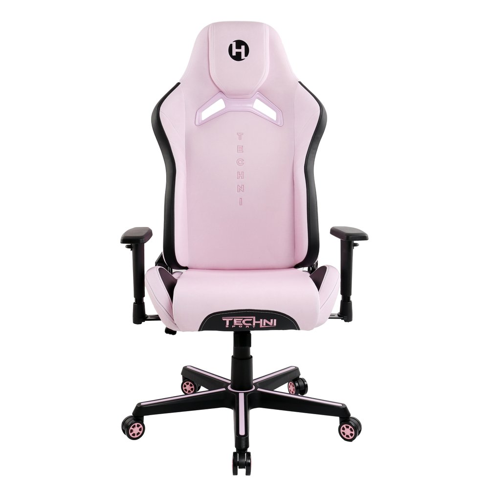 Pink And Black Adjustable Height Swivel Rolling Gaming Chair on a white background