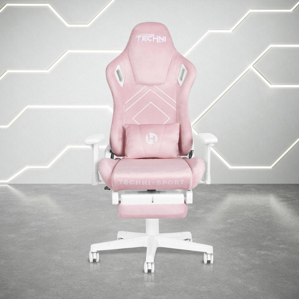 Pink and white gaming chair with adjustable height, swivel, and rolling features, shown in a studio setting with a geometric background.