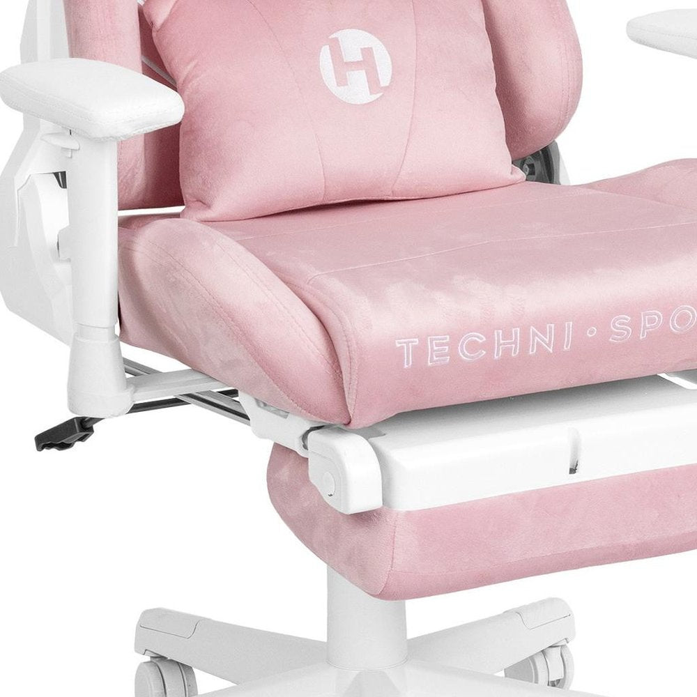 Pink And White Adjustable Height Swivel Rolling Gaming Chair on a white background