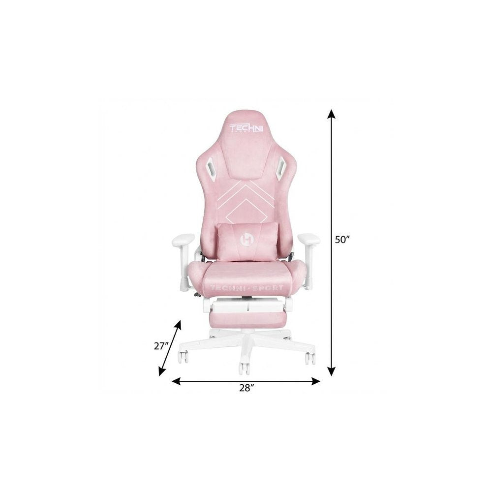 Pink And White Adjustable Height Swivel Rolling Gaming Chair on a white background
