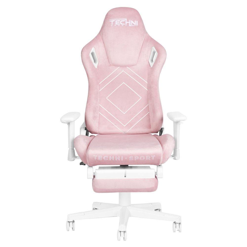 Pink And White Adjustable Height Swivel Rolling Gaming Chair on a white background