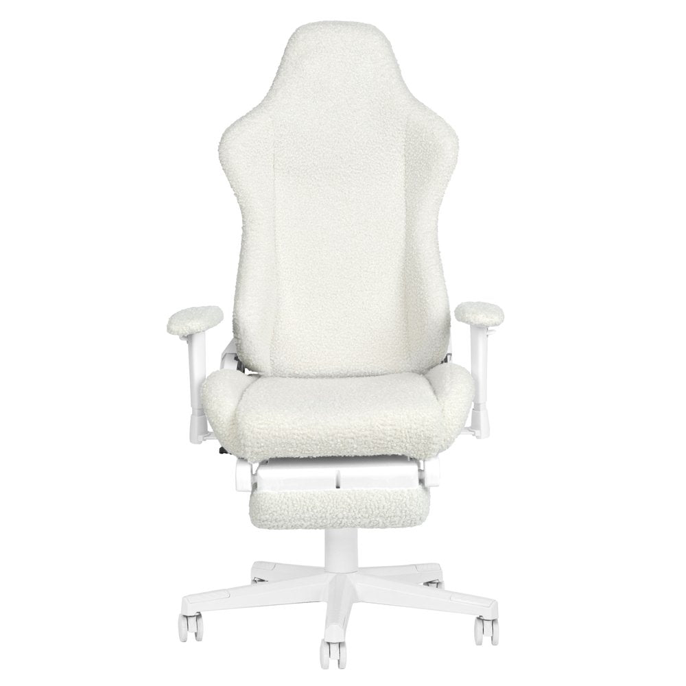 White Adjustable Height Swivel Rolling Gaming Chair With Footrest on a white background