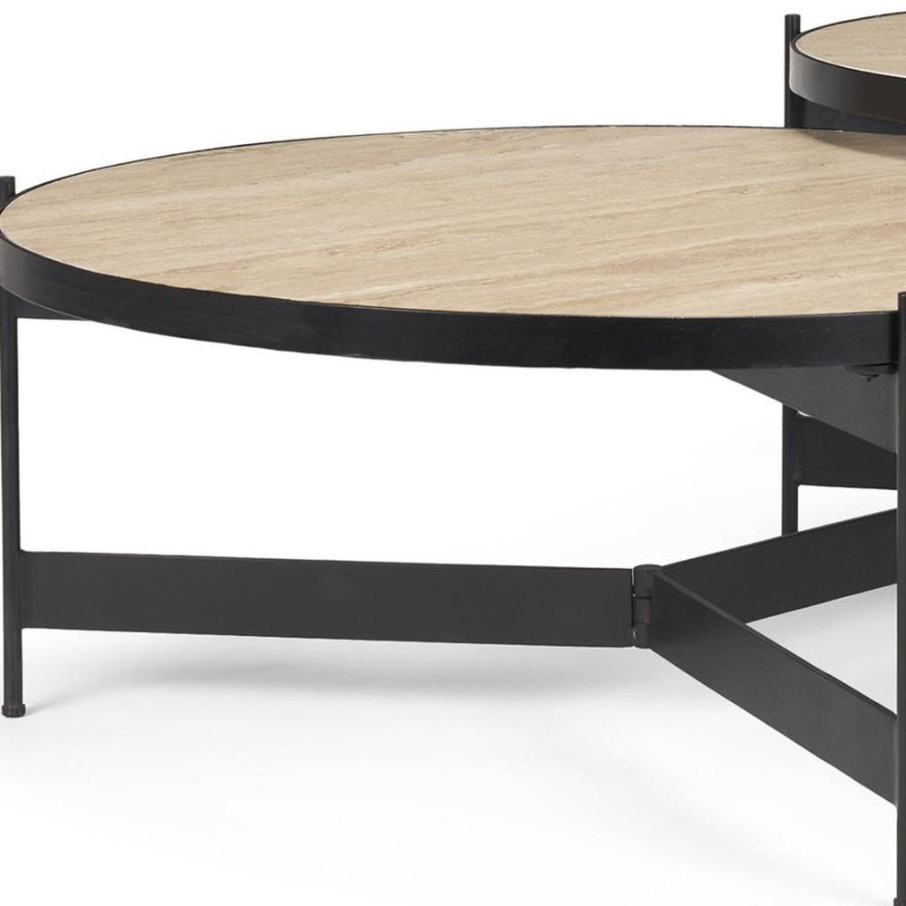 Set Of Two Beige and Black Stone and Iron Round Nested Coffee Tables on a white background