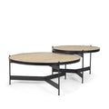 Set Of Two Beige and Black Stone and Iron Round Nested Coffee Tables on a white background