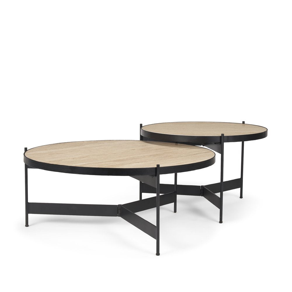 Set Of Two Beige and Black Stone and Iron Round Nested Coffee Tables on a white background