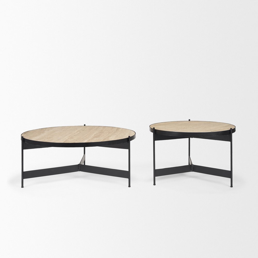 Set Of Two Beige and Black Stone and Iron Round Nested Coffee Tables on a white background