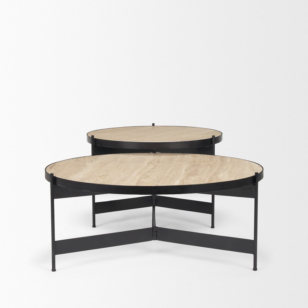 Set Of Two Beige and Black Stone and Iron Round Nested Coffee Tables on a white background