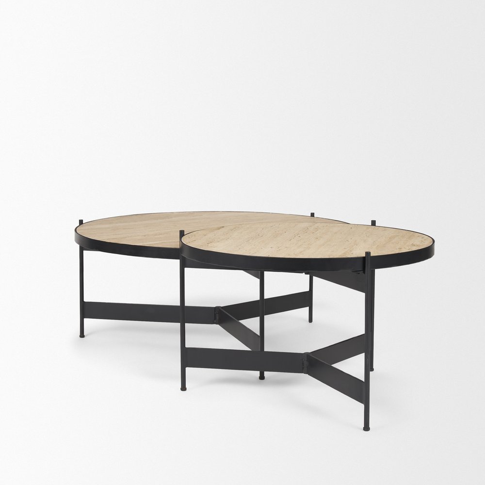 Set Of Two Beige and Black Stone and Iron Round Nested Coffee Tables on a white background