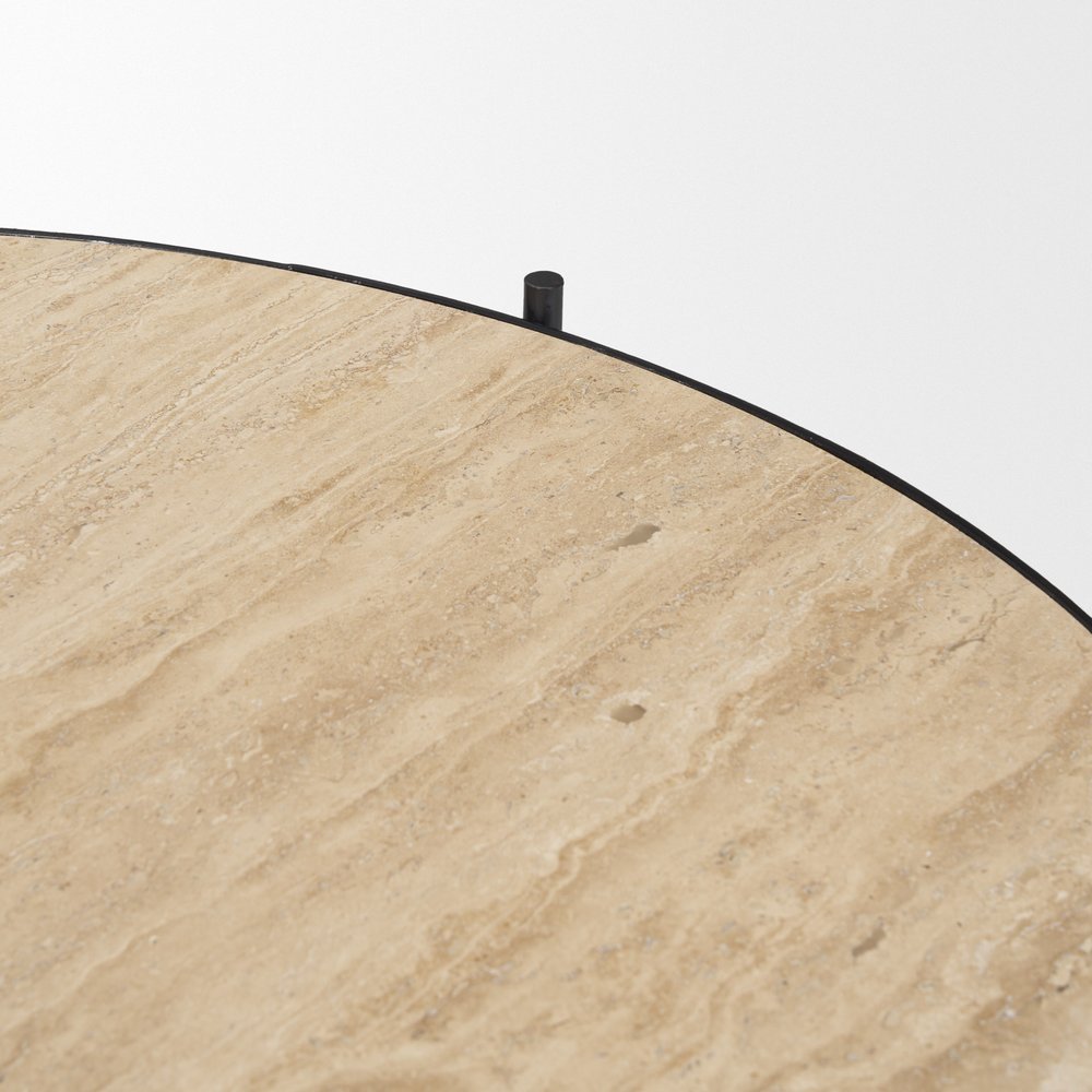 Set Of Two Beige and Black Stone and Iron Round Nested Coffee Tables