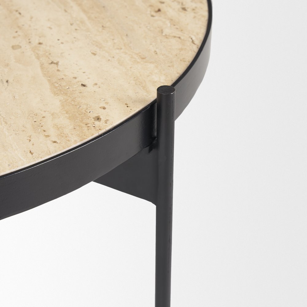 Set Of Two Beige and Black Stone and Iron Round Nested Coffee Tables on a white background