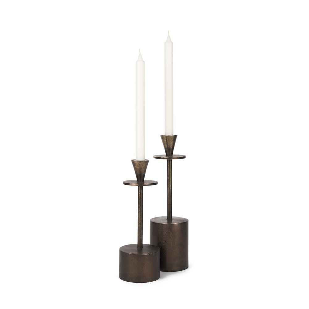 Set of Two Antiqued Gold Metal Floor Taper Candlesticks