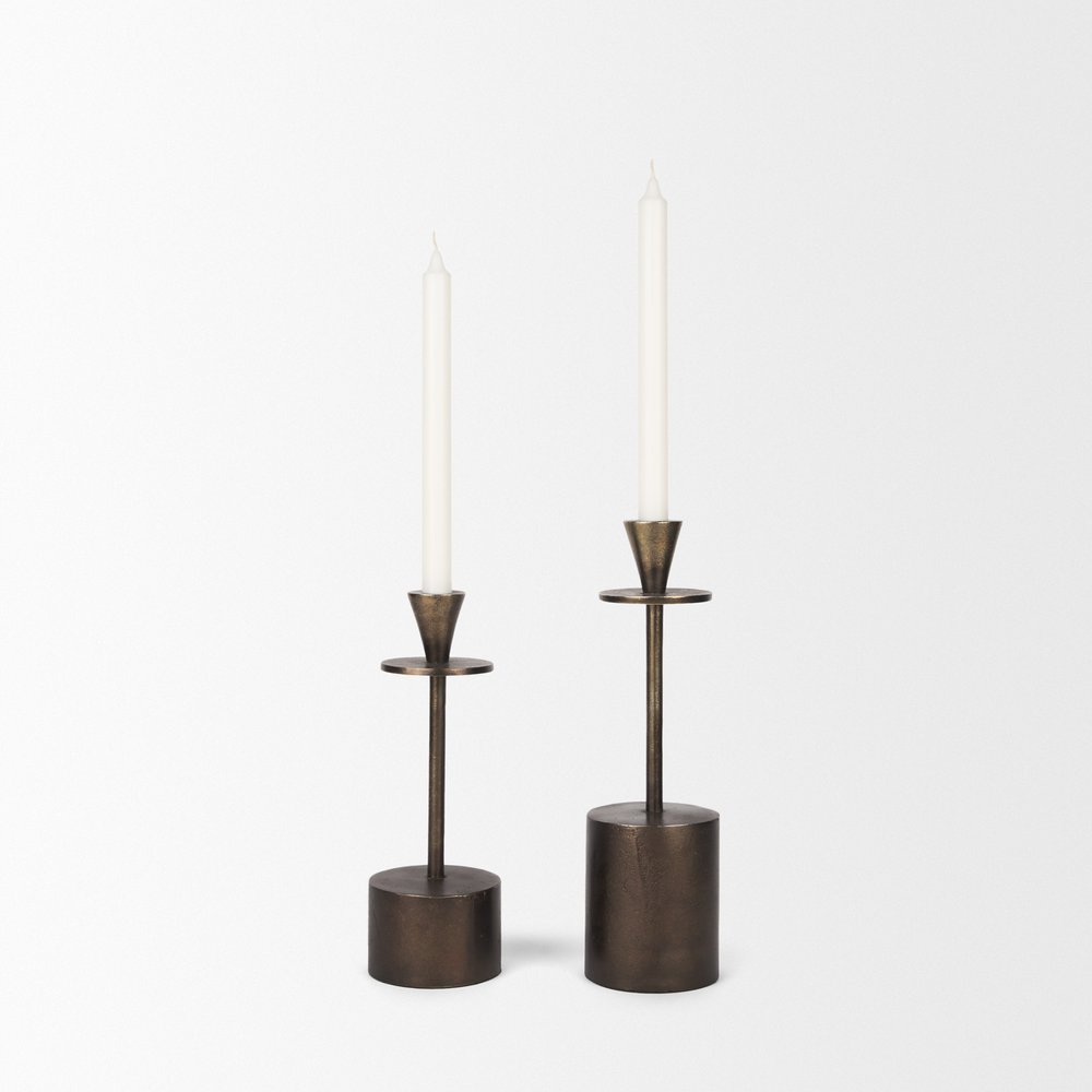 Set of Two Antiqued Gold Metal Floor Taper Candlesticks