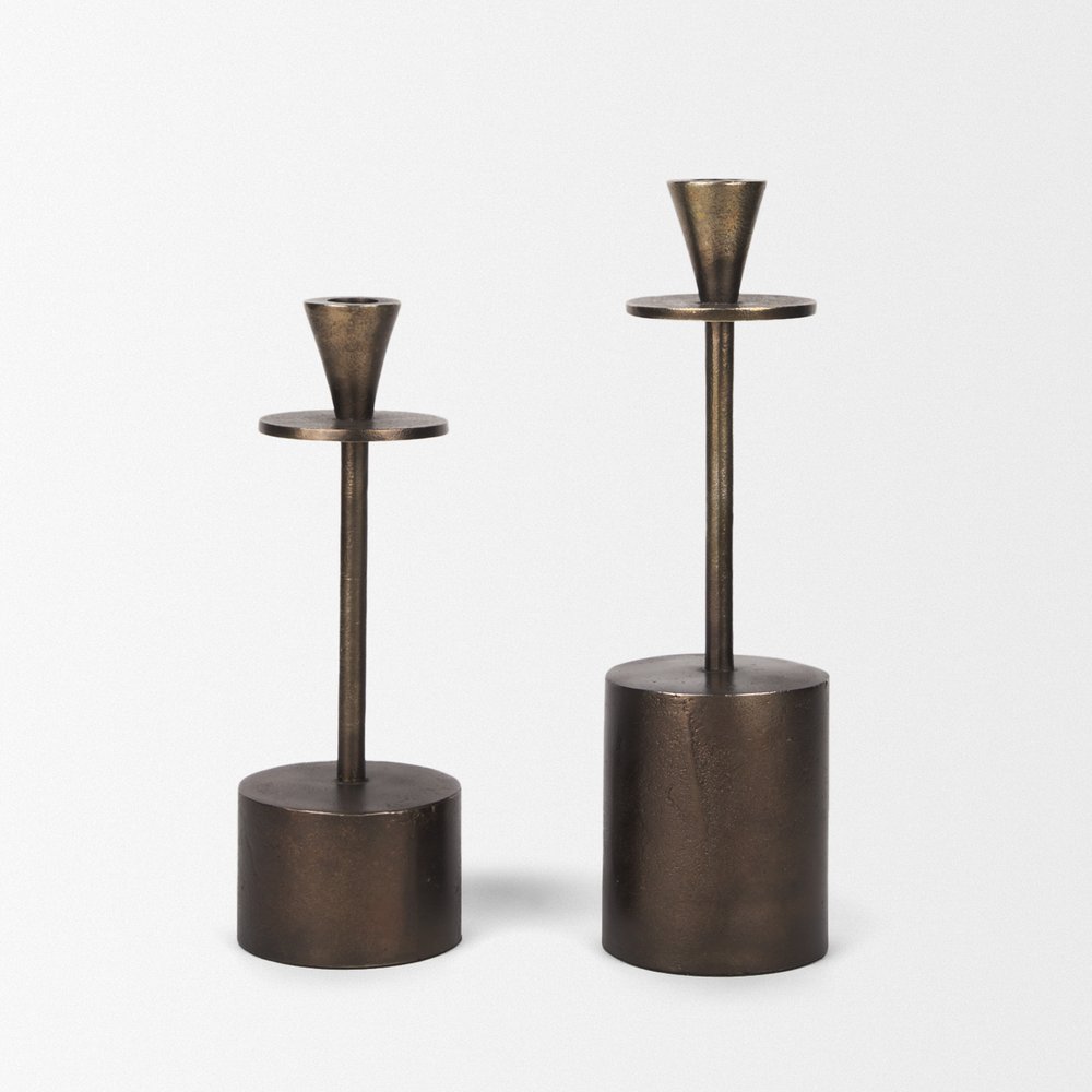 Set of Two Antiqued Gold Metal Floor Taper Candlesticks