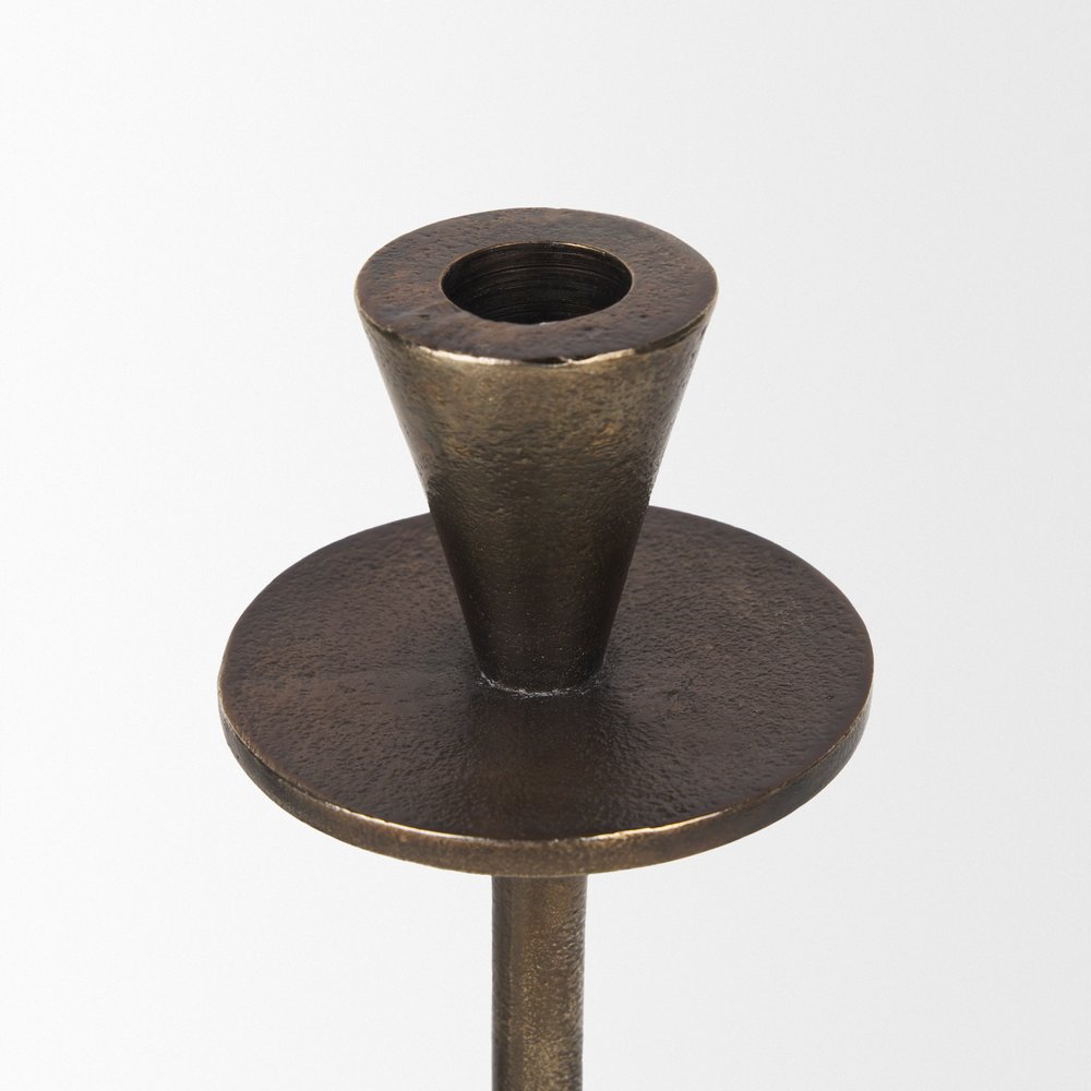 Set of Two Antiqued Gold Metal Floor Taper Candlesticks