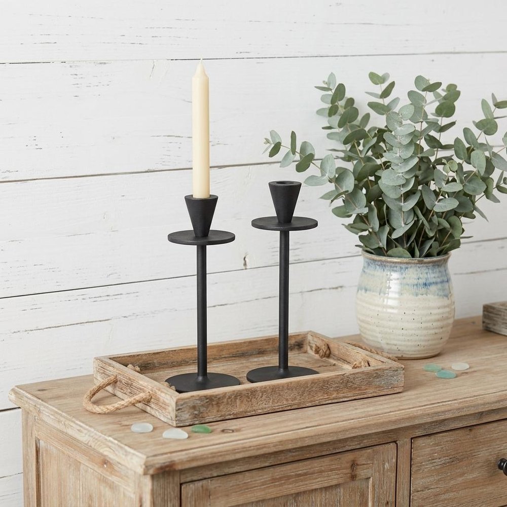 Set of Two Black Metal Floor Taper Candlesticks close-up detail