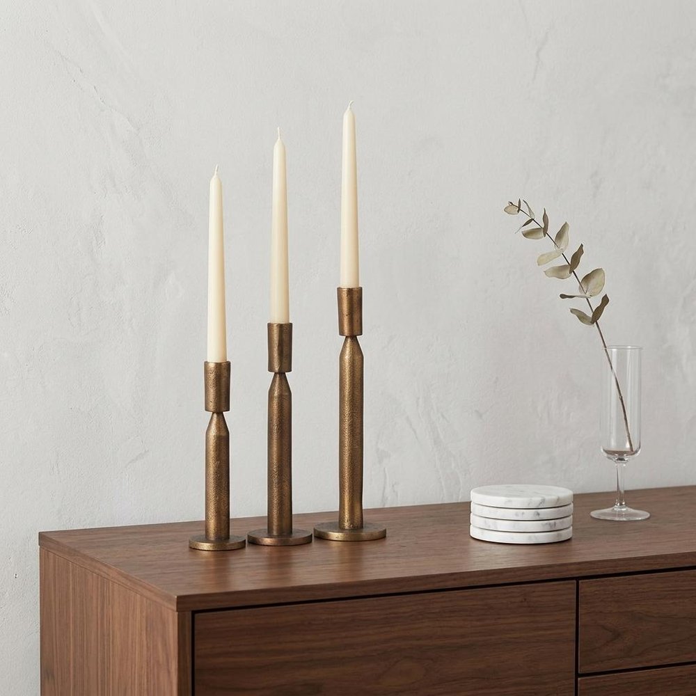 Set of Three Antiqued Brass Metal Tabletop Taper Candlesticks