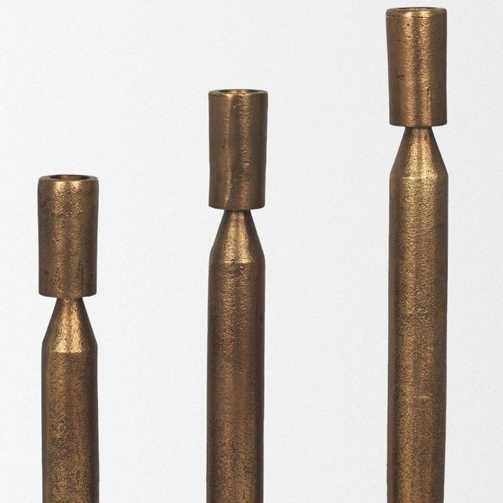 Set of Three Antiqued Brass Metal Tabletop Taper Candlesticks