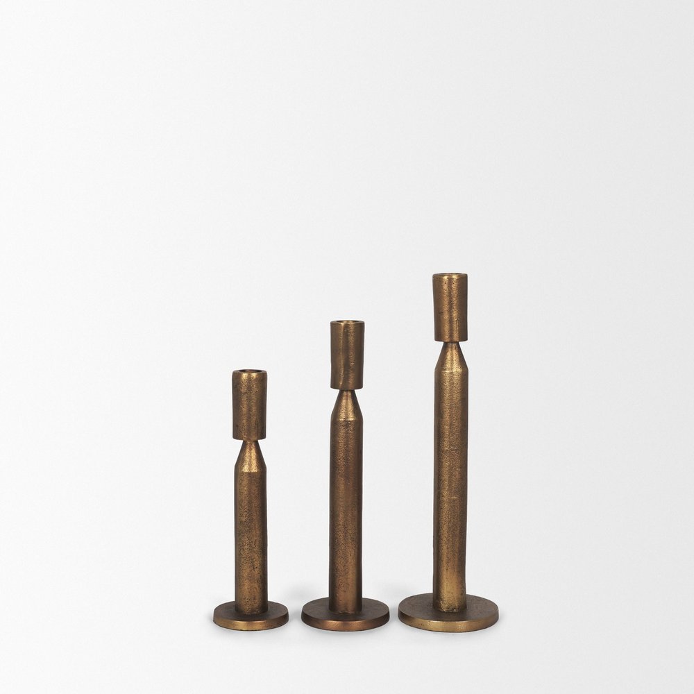 Set of Three Antiqued Brass Metal Tabletop Taper Candlesticks