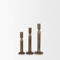 Set of Three Antiqued Brass Metal Tabletop Taper Candlesticks