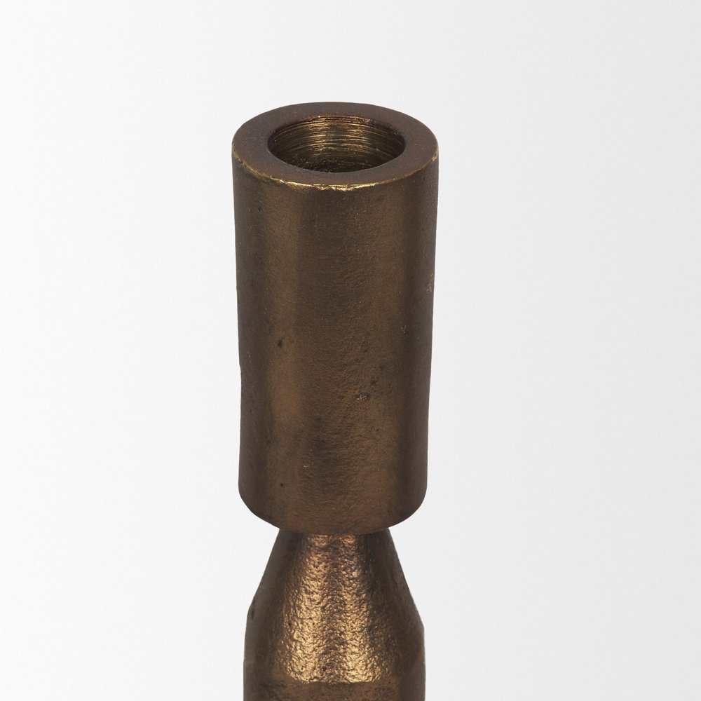 Set of Three Antiqued Brass Metal Tabletop Taper Candlesticks