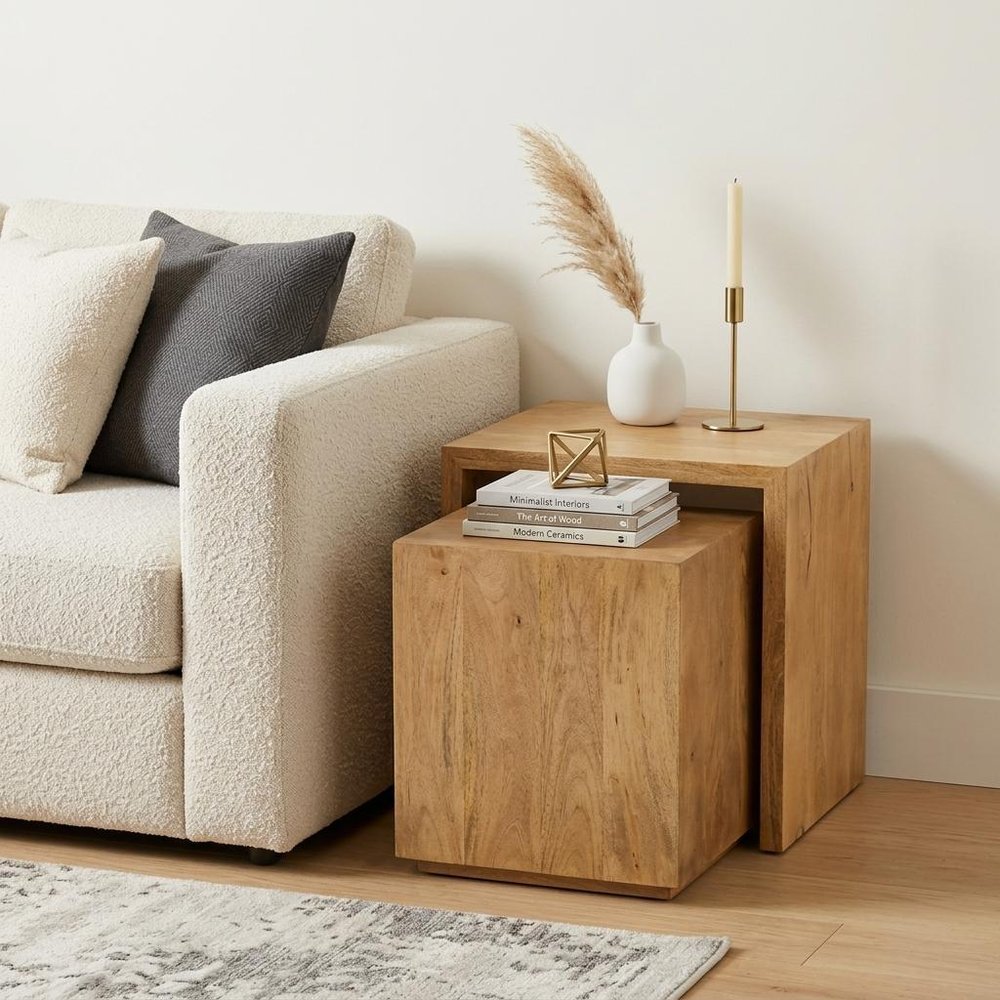 Set of Two Brown Solid Wood Frame Nested Tables in a home interior