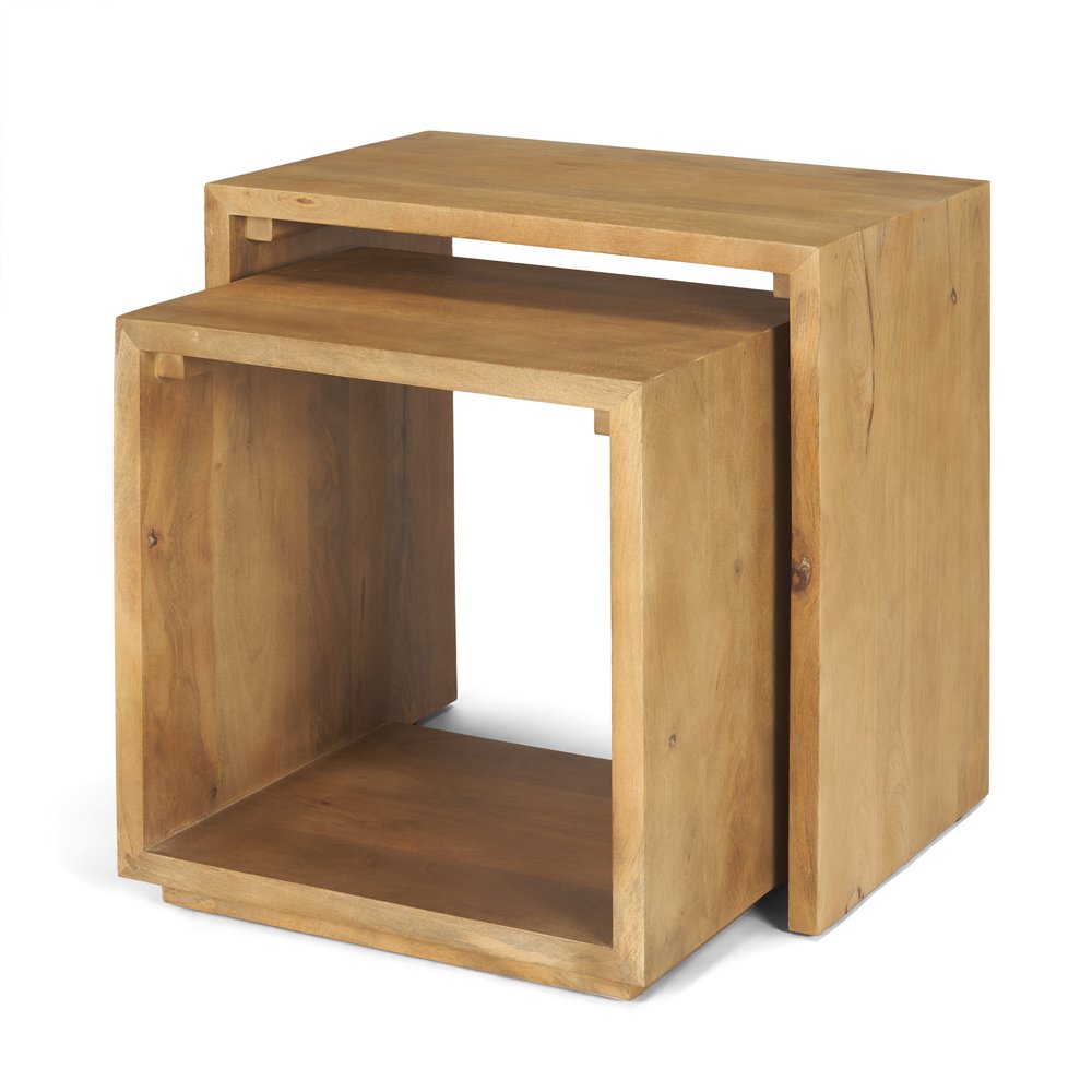 Set of two brown solid wood nested tables on a white background.
