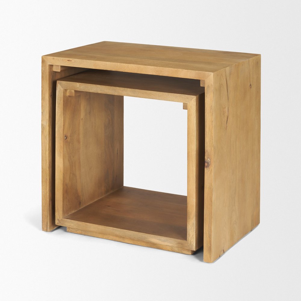 Set of Two Brown Solid Wood Frame Nested Tables on a white background