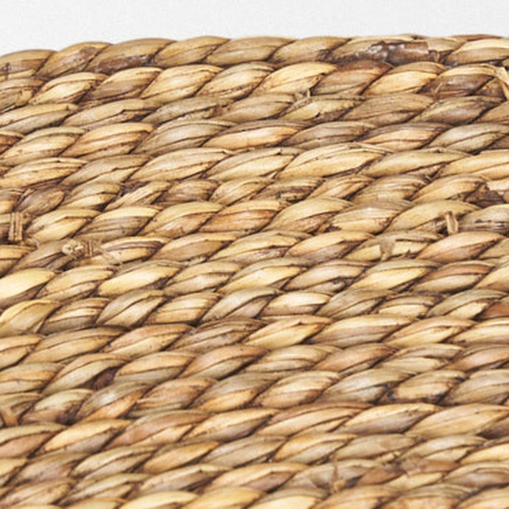 Set of Two Beige and Black Rattan and Solid Wood Round Drum Nested Tables close-up detail