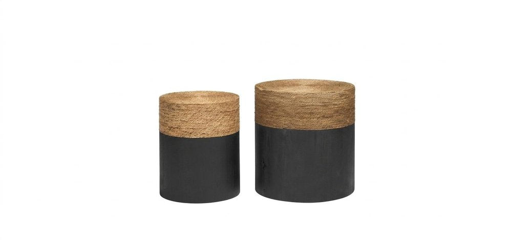 Set of Two Beige and Black Rattan and Solid Wood Round Drum Nested Tables on a white background